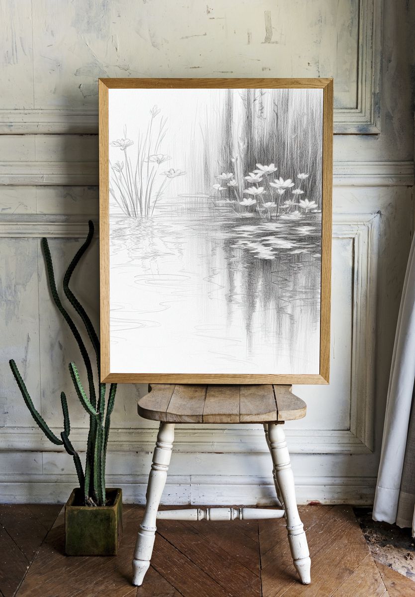 Lotus Pond Sketch Print. room preview
