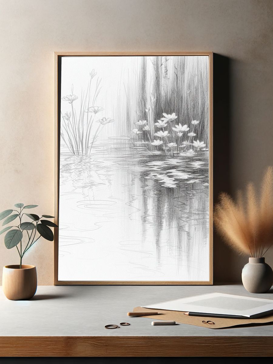 Lotus Pond Sketch Print. — room view 2