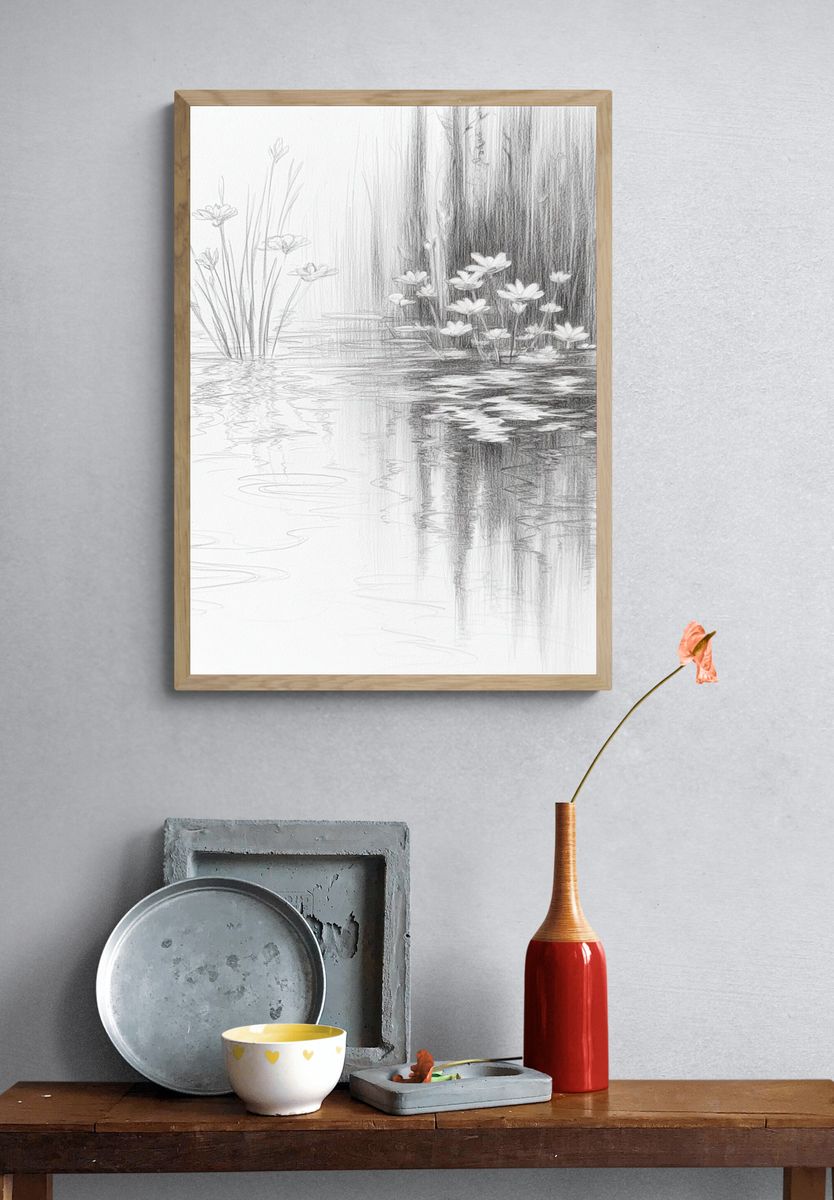 Lotus Pond Sketch Print. — room view 3