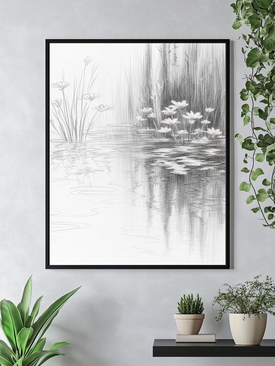 Lotus Pond Sketch Print. — room view 4