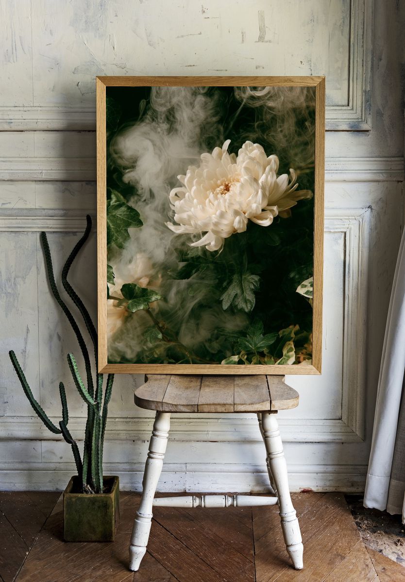 White Chrysanthemum Botanical Print. — room view 1