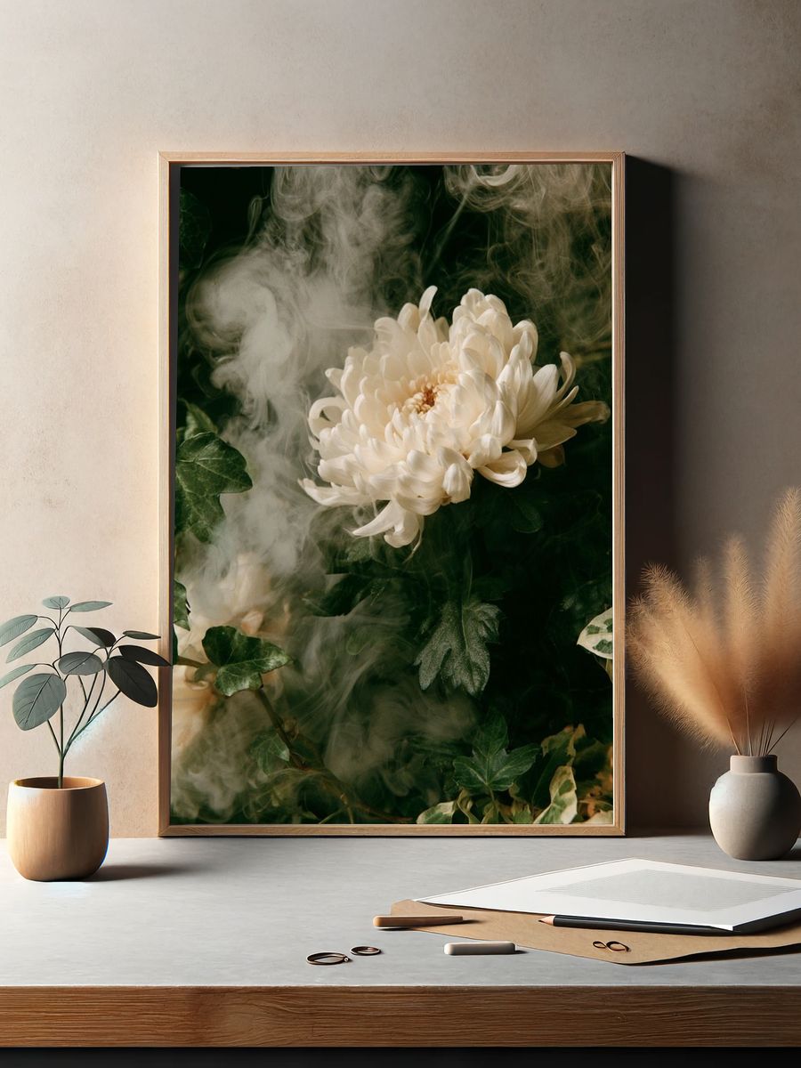 White Chrysanthemum Botanical Print. — room view 2