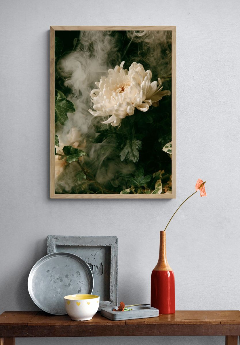 White Chrysanthemum Botanical Print. — room view 3