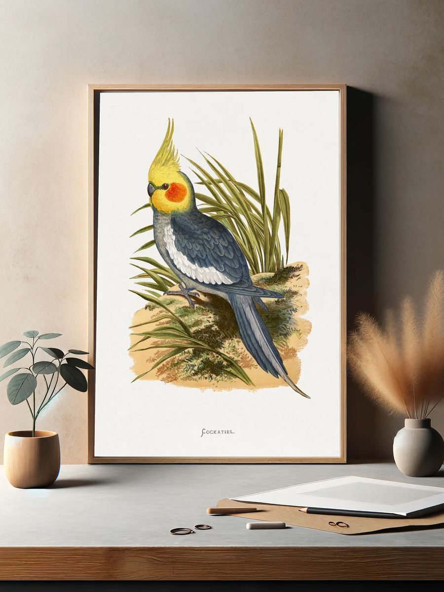 Cockatiel Botanical Illustration Poster. — room view 2