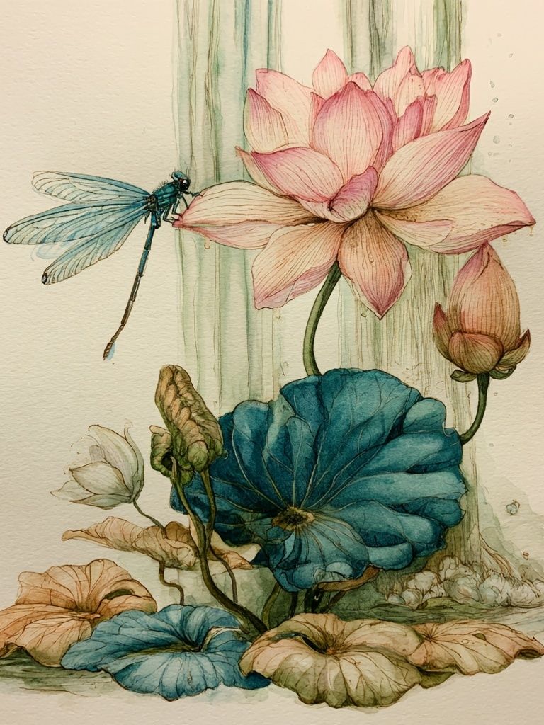 Lotus and Dragonfly Watercolor Print. poster detail