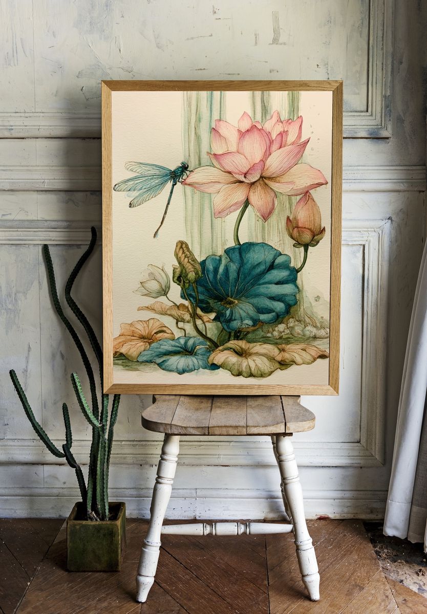 Lotus and Dragonfly Watercolor Print. — room view 1