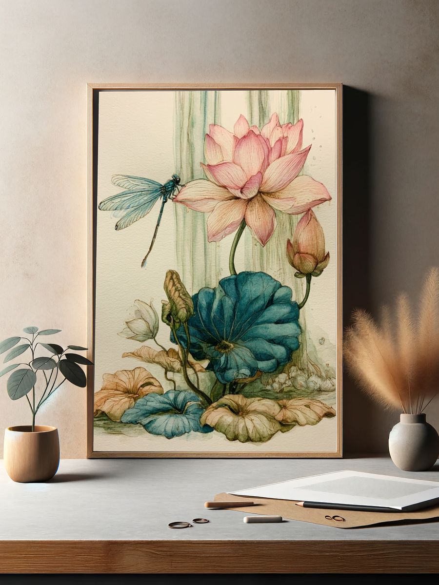 Lotus and Dragonfly Watercolor Print. — room view 2