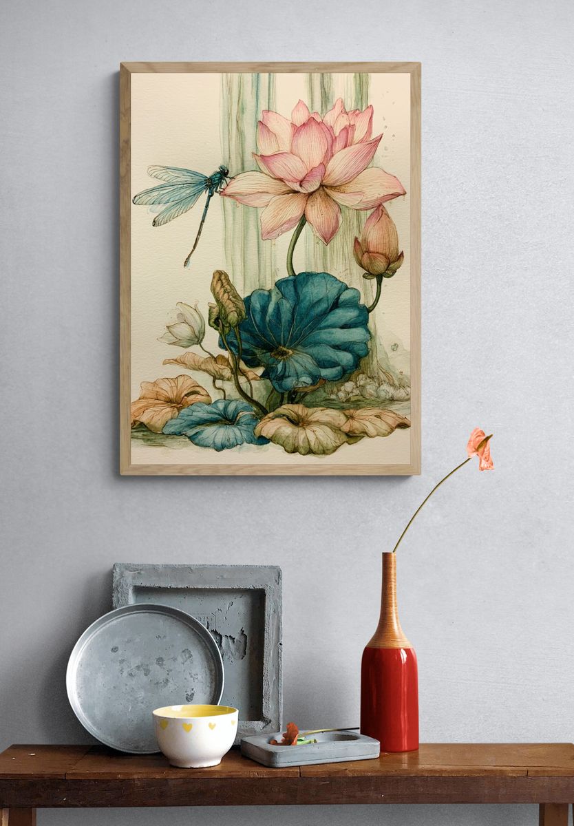 Lotus and Dragonfly Watercolor Print. — room view 3