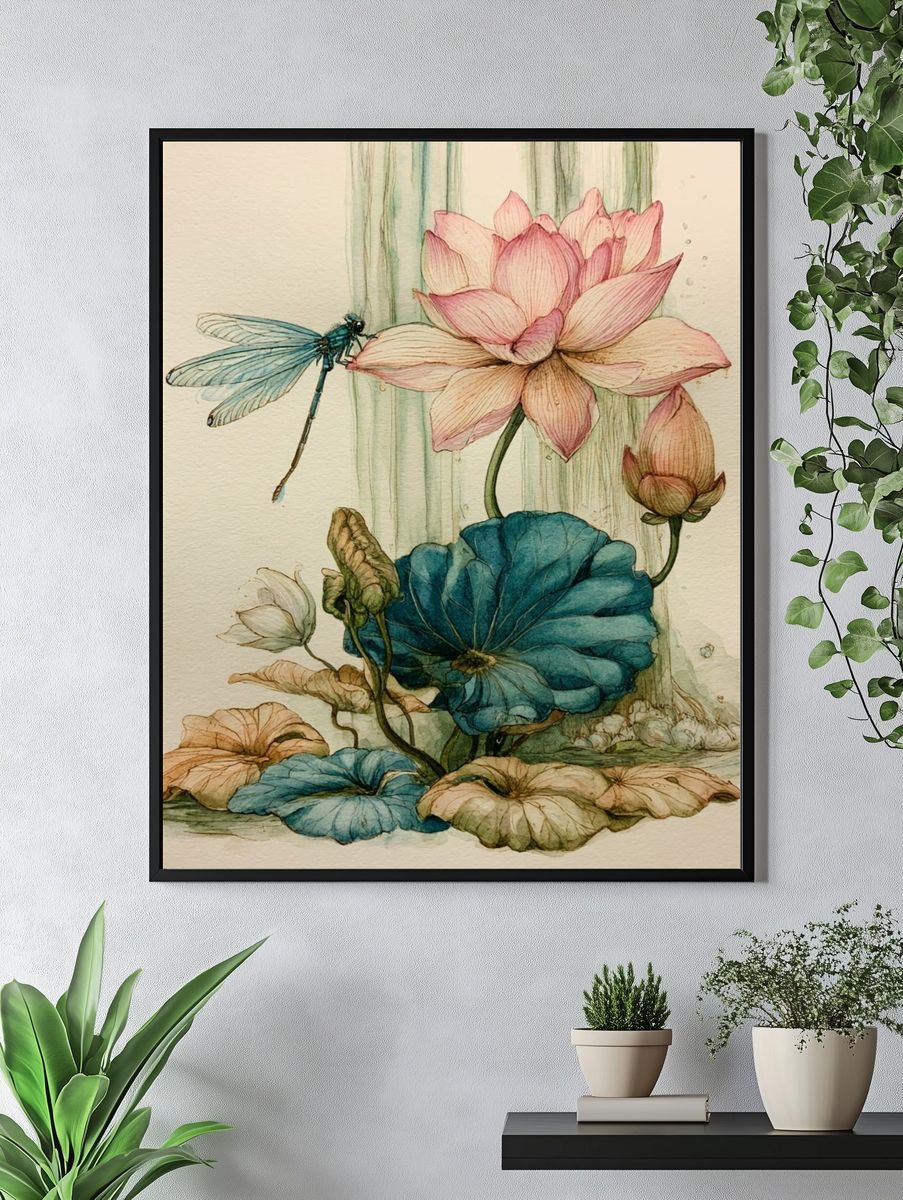 Lotus and Dragonfly Watercolor Print. — room view 4