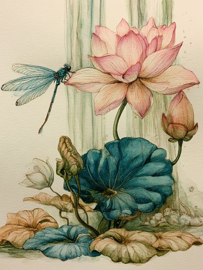 Lotus and Dragonfly Watercolor Print.