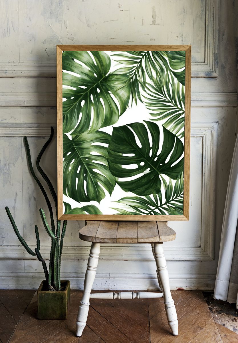 Tropical Monstera Leaves Print. room preview