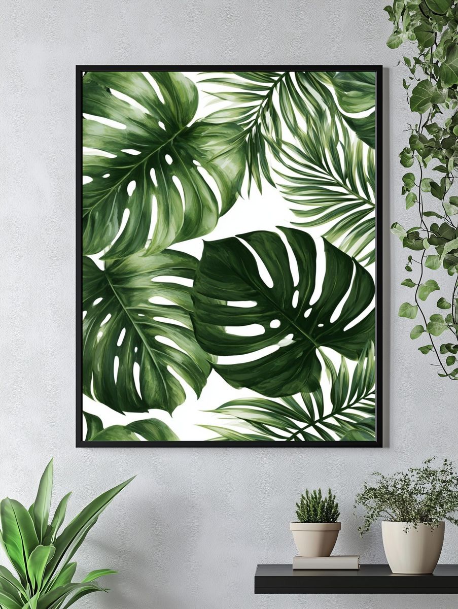 Tropical Monstera Leaves Print. — room view 4