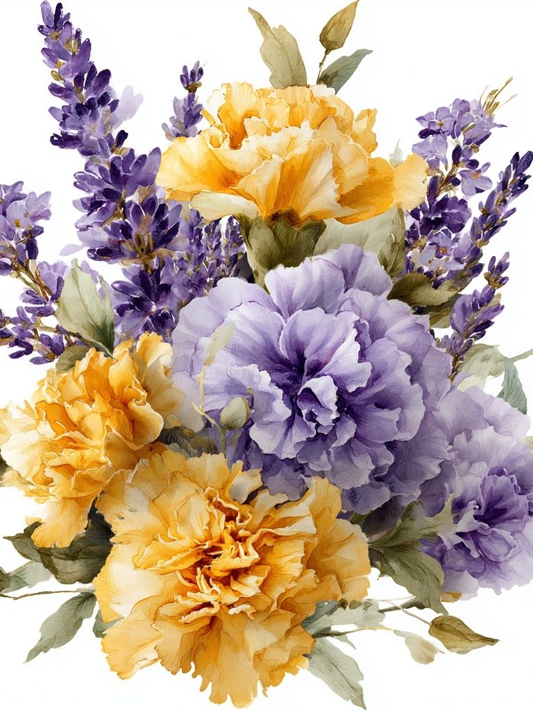Lavender and Marigold Bouquet Watercolor Print. poster detail