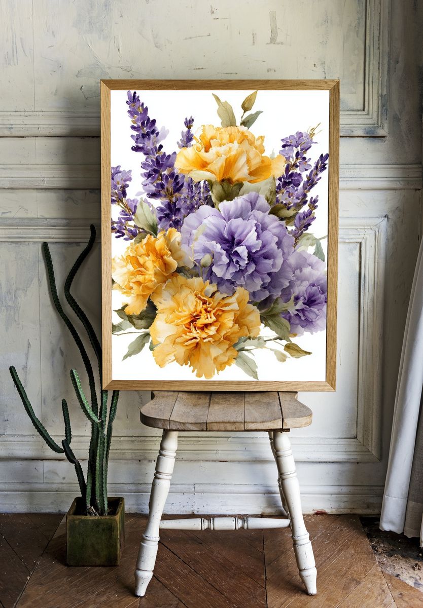 Lavender and Marigold Bouquet Watercolor Print. room preview