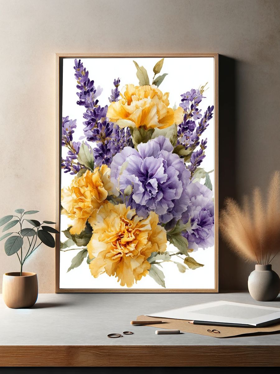 Lavender and Marigold Bouquet Watercolor Print. — room view 2