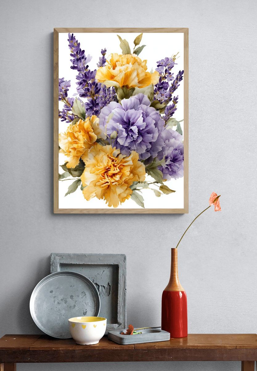 Lavender and Marigold Bouquet Watercolor Print. — room view 3