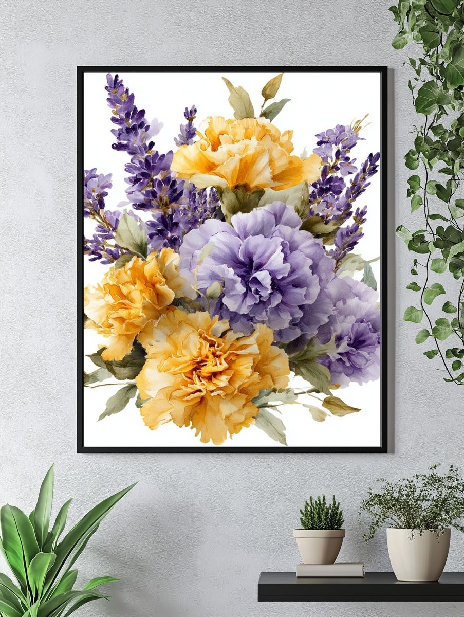 Lavender and Marigold Bouquet Watercolor Print. — room view 4