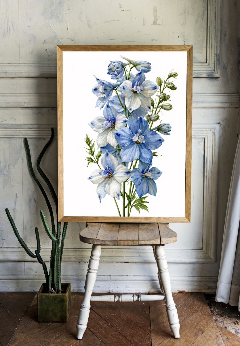 Blue Delphinium Botanical Print. room preview