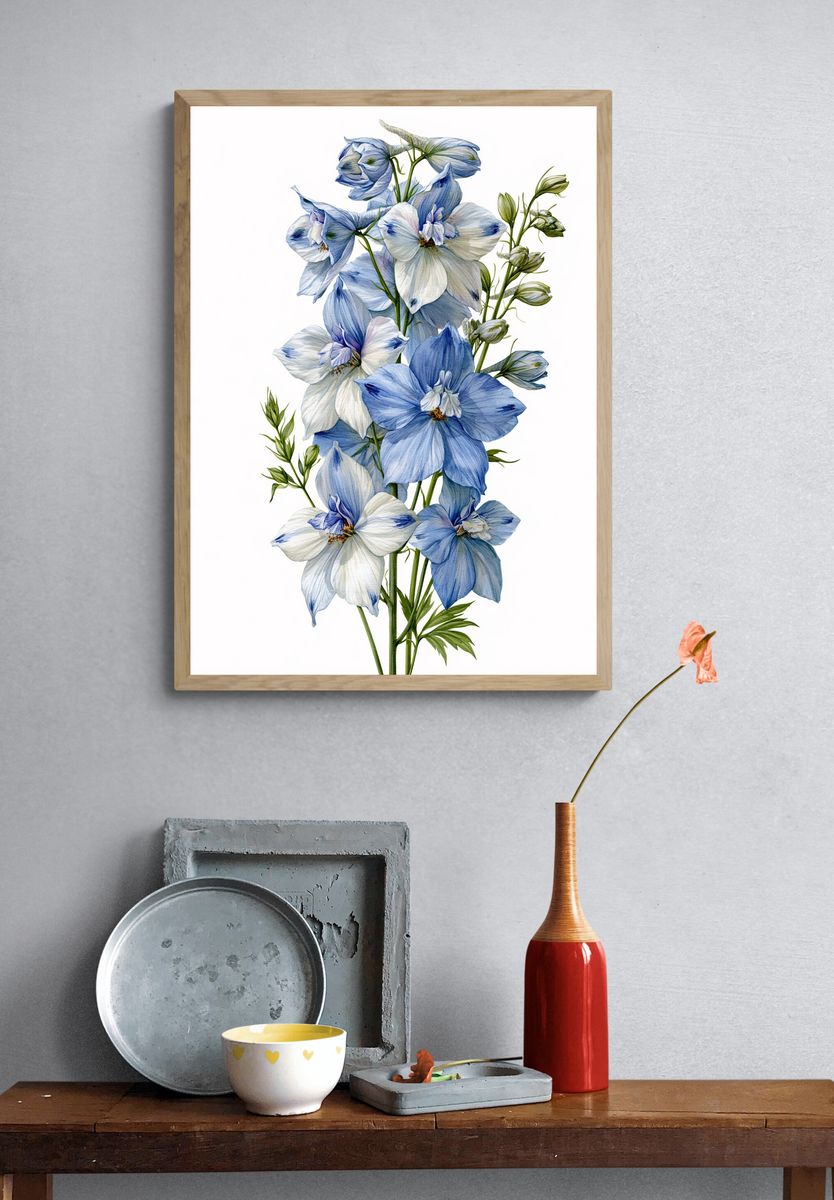 Blue Delphinium Botanical Print. — room view 3