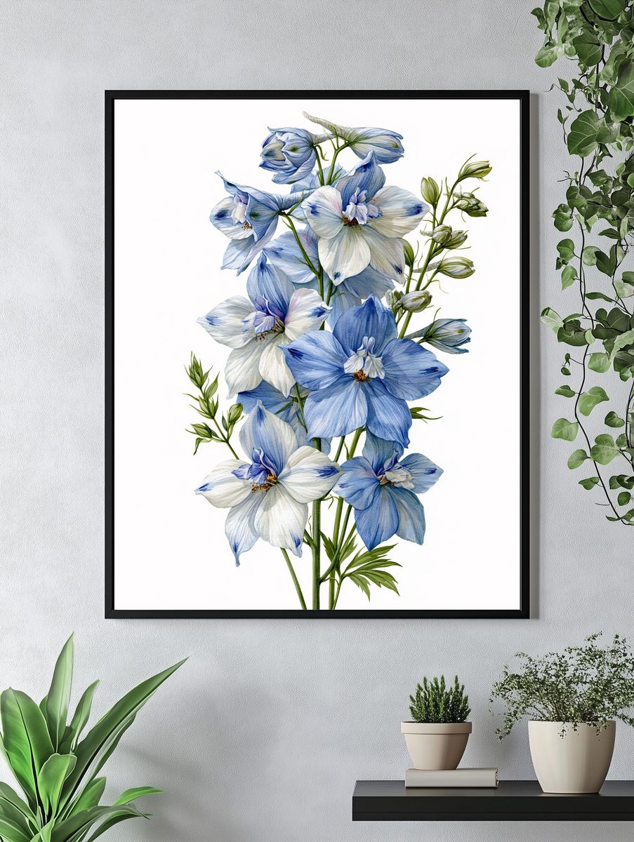 Blue Delphinium Botanical Print. — room view 4