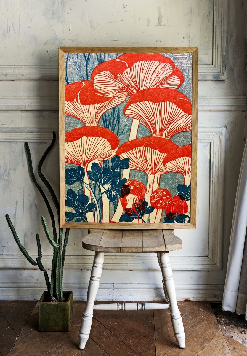 Red Mushrooms Vintage Print. room preview
