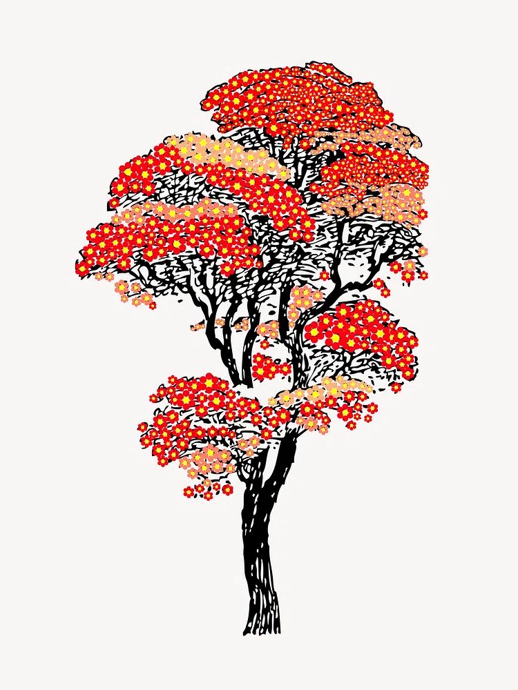 Japanese autumn tree color drawing. poster detail