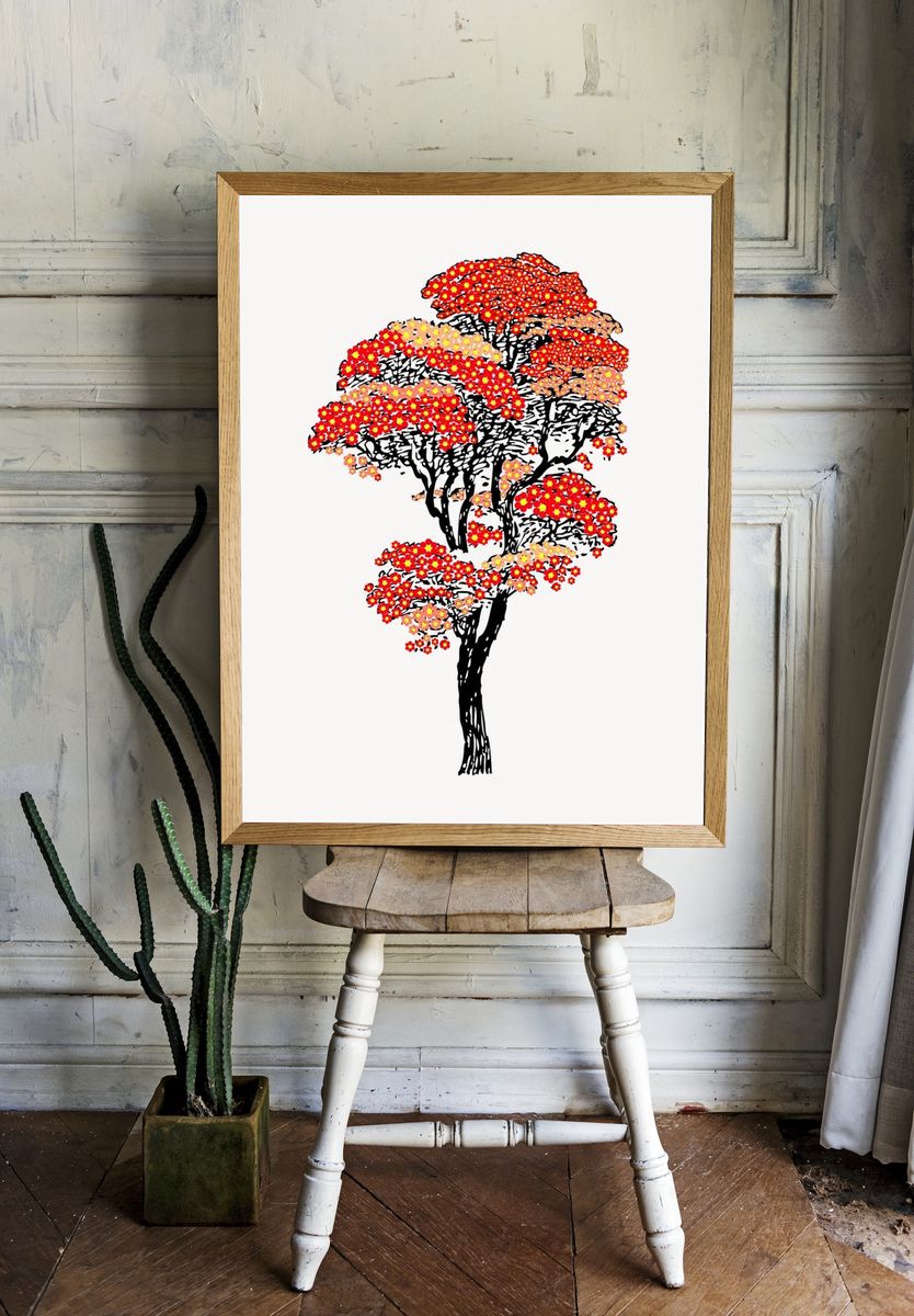 Japanese autumn tree color drawing. room preview