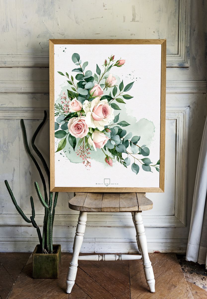 Blush Rose Bouquet Watercolor Print. — room view 1