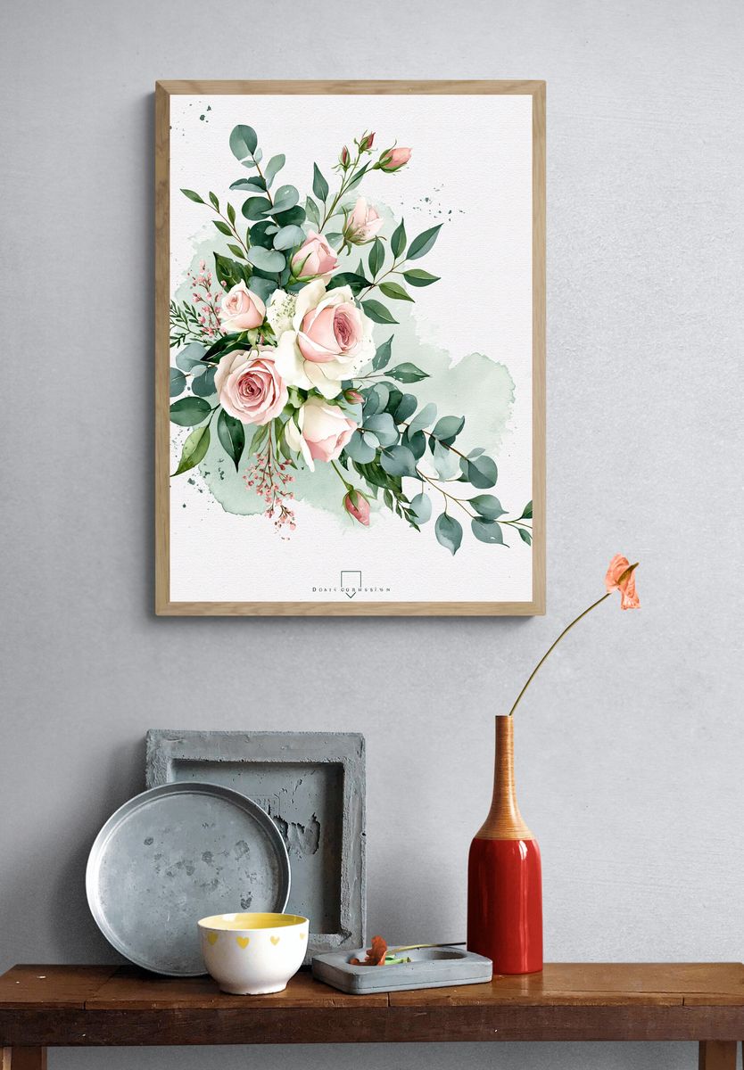 Blush Rose Bouquet Watercolor Print. — room view 3