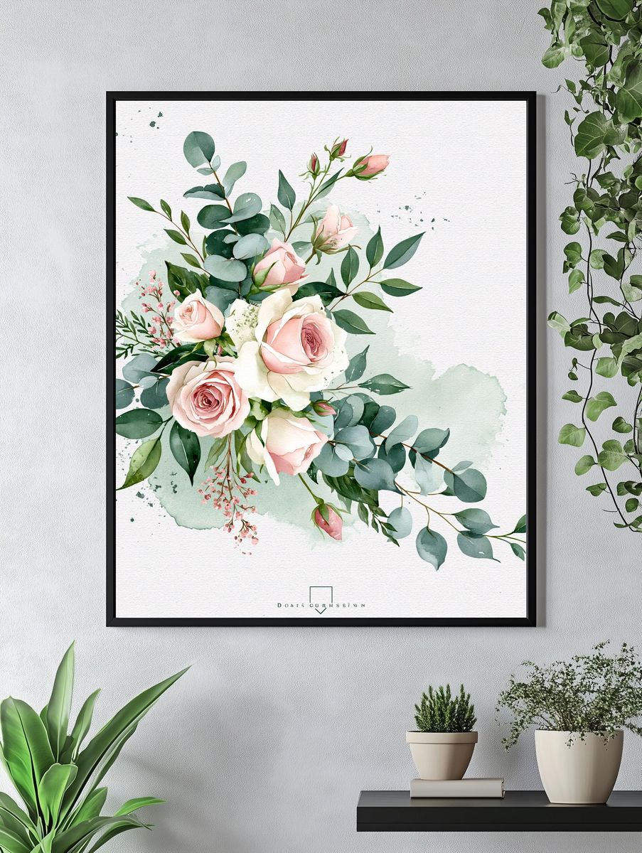 Blush Rose Bouquet Watercolor Print. — room view 4