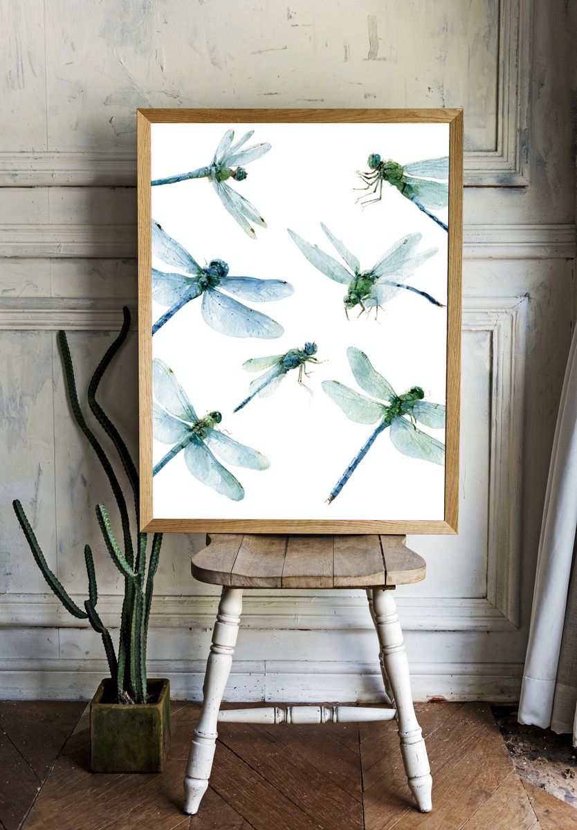 Blue Dragonflies Watercolor Print. room preview