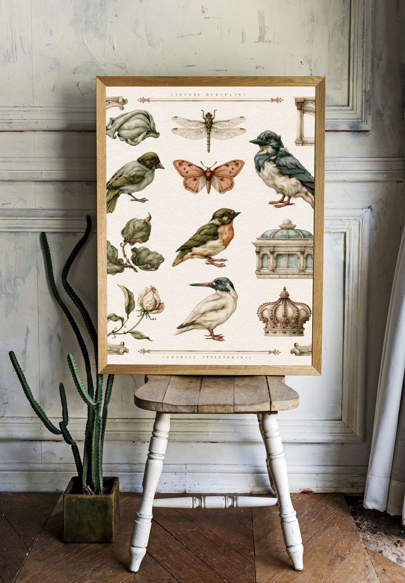 Vintage Birds and Botanicals Print. room preview