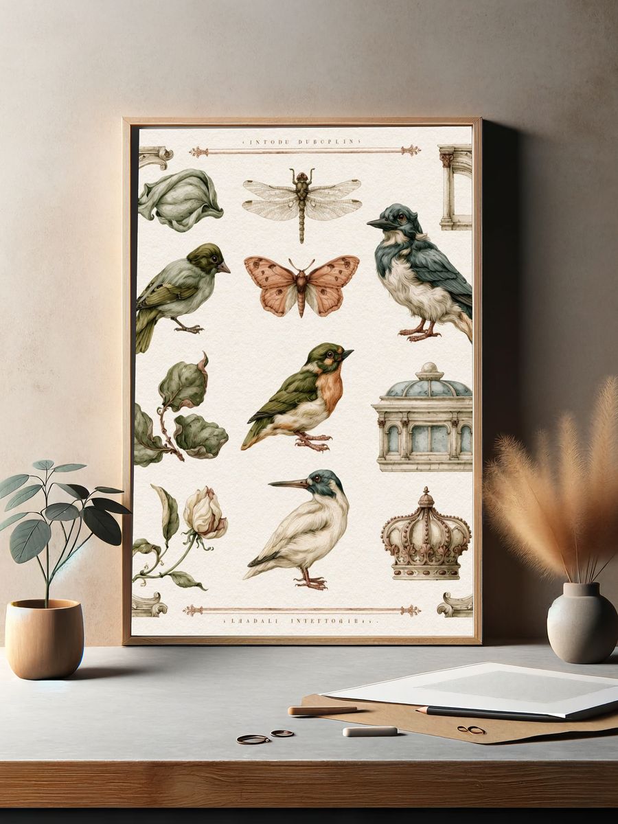 Vintage Birds and Botanicals Print. — room view 2