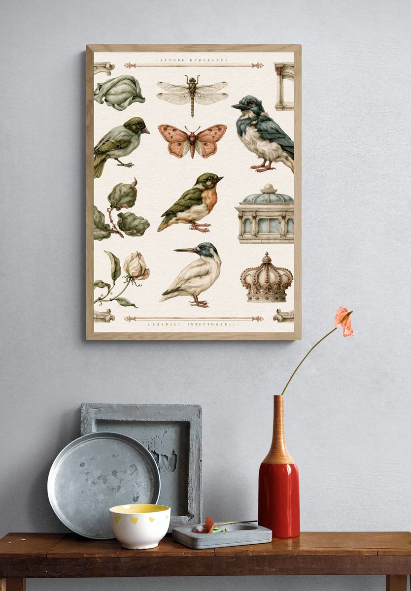 Vintage Birds and Botanicals Print. — room view 3