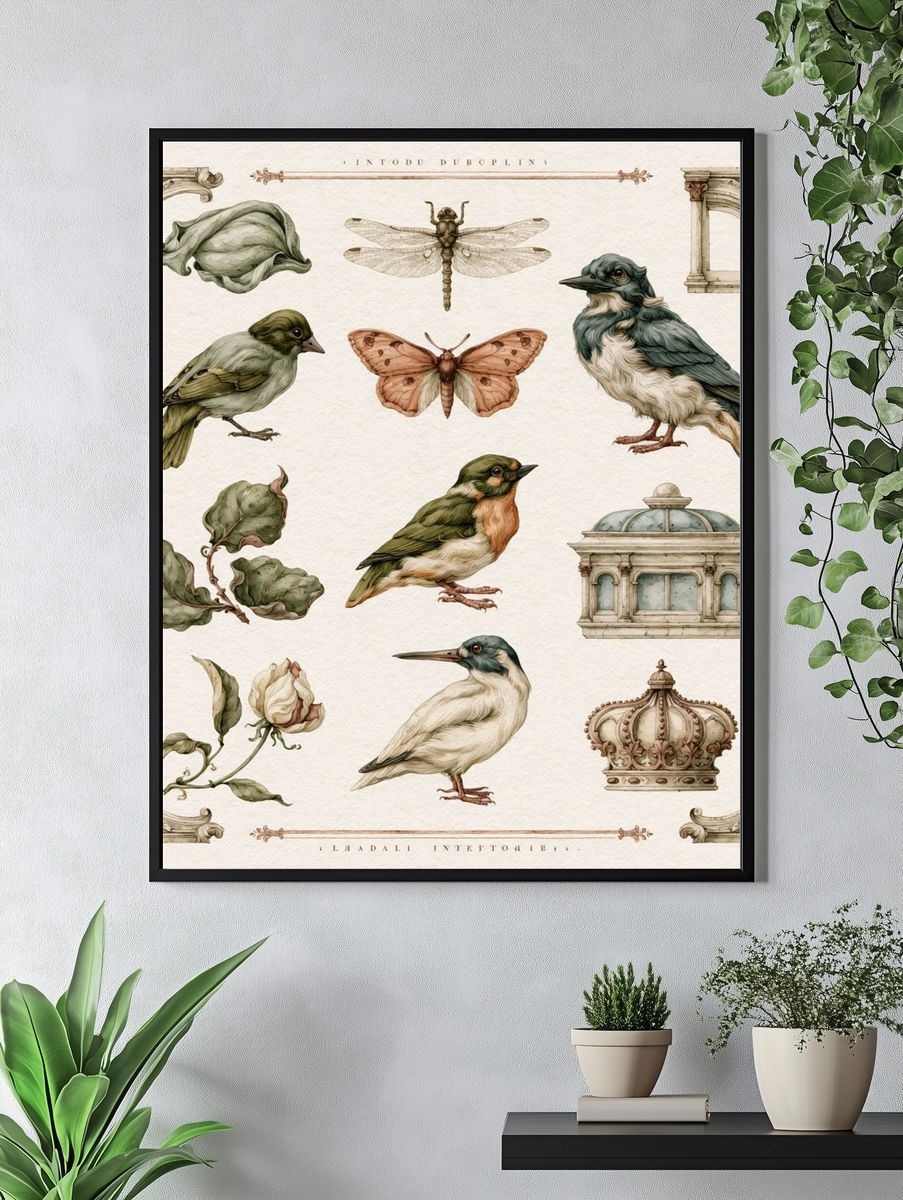 Vintage Birds and Botanicals Print. — room view 4