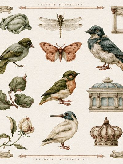 Vintage Birds and Botanicals Print.