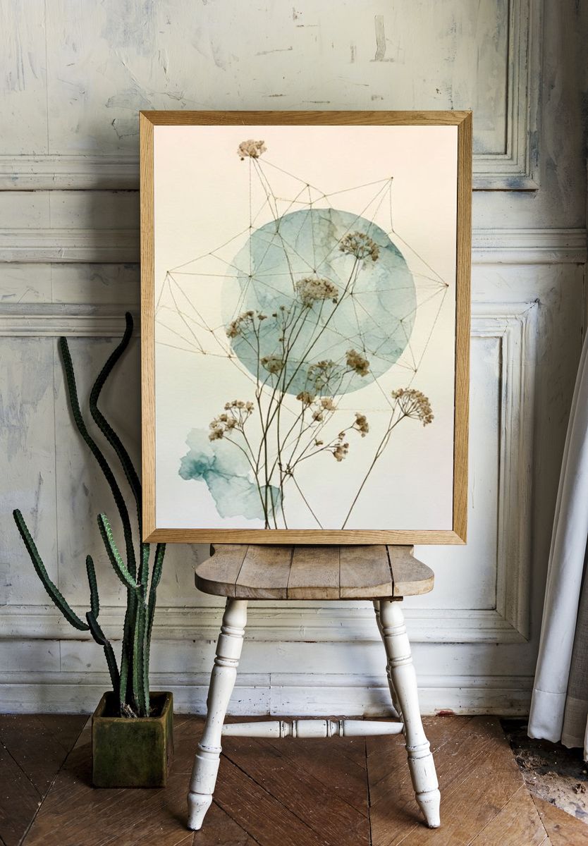 Pressed Flowers Geometric Watercolor Print. room preview
