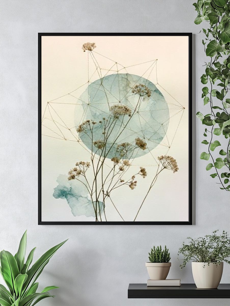 Pressed Flowers Geometric Watercolor Print. — room view 4