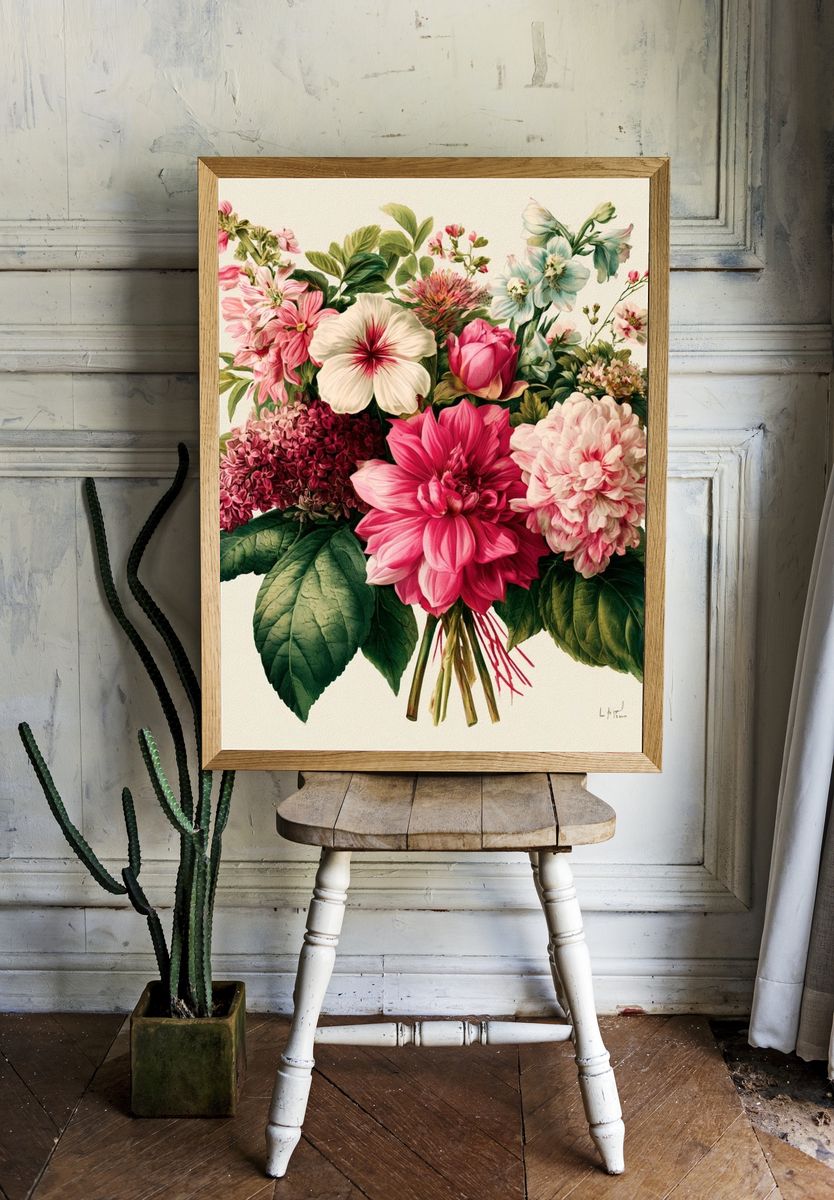 Pink Floral Bouquet Botanical Print. room preview