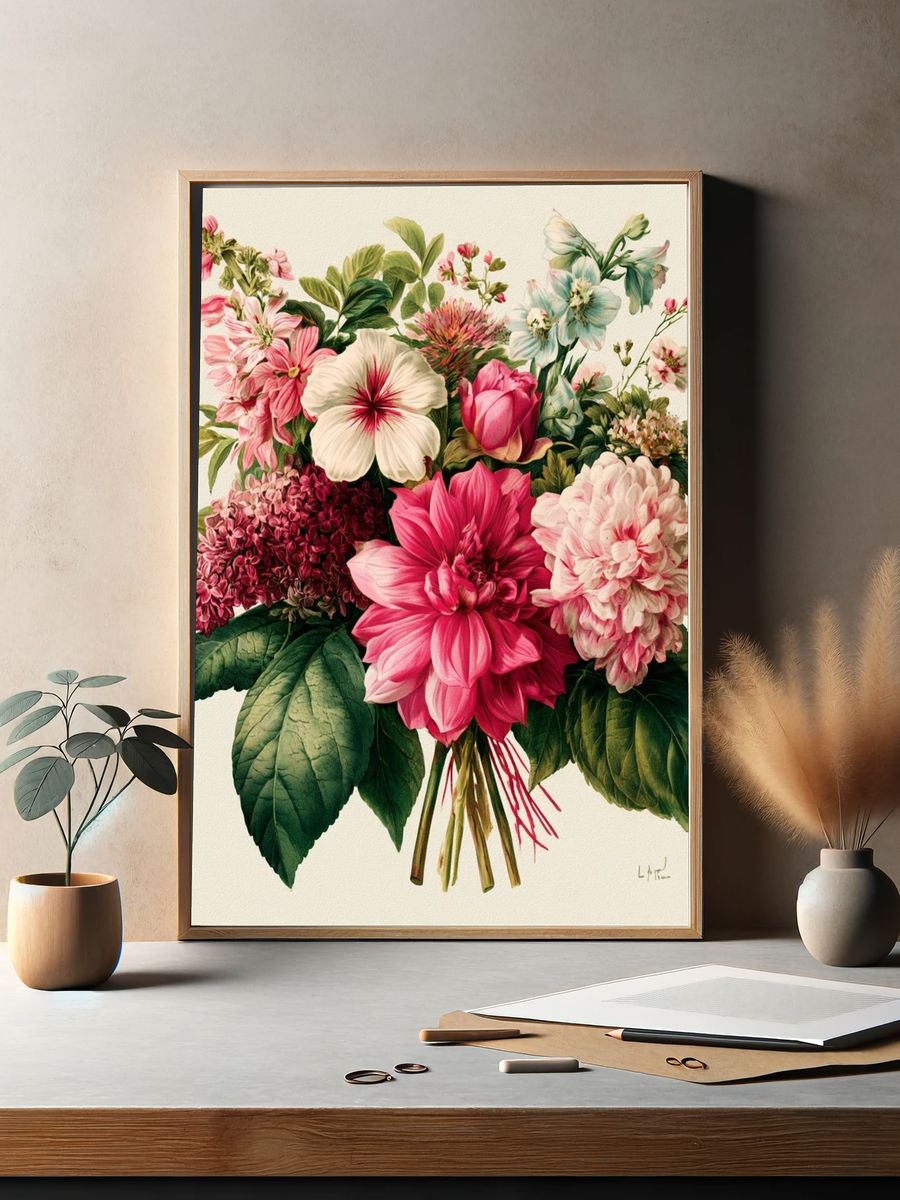 Pink Floral Bouquet Botanical Print. — room view 2