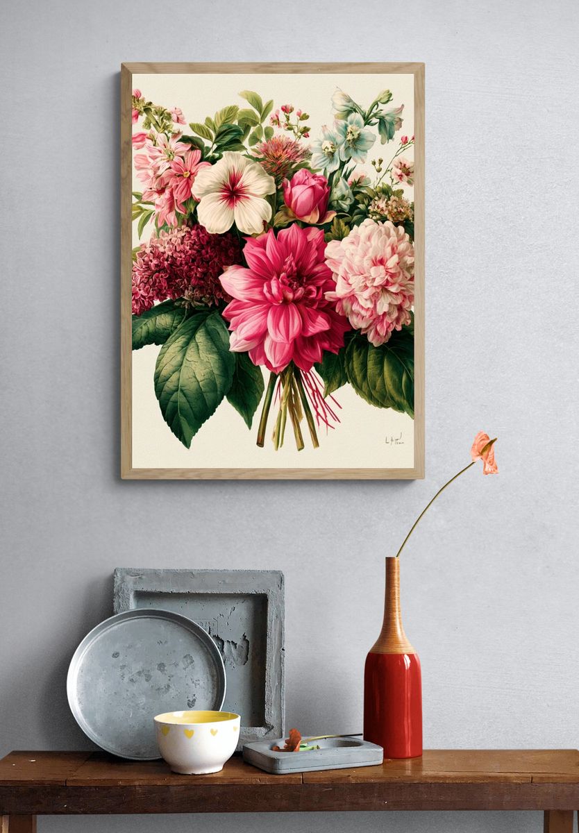 Pink Floral Bouquet Botanical Print. — room view 3