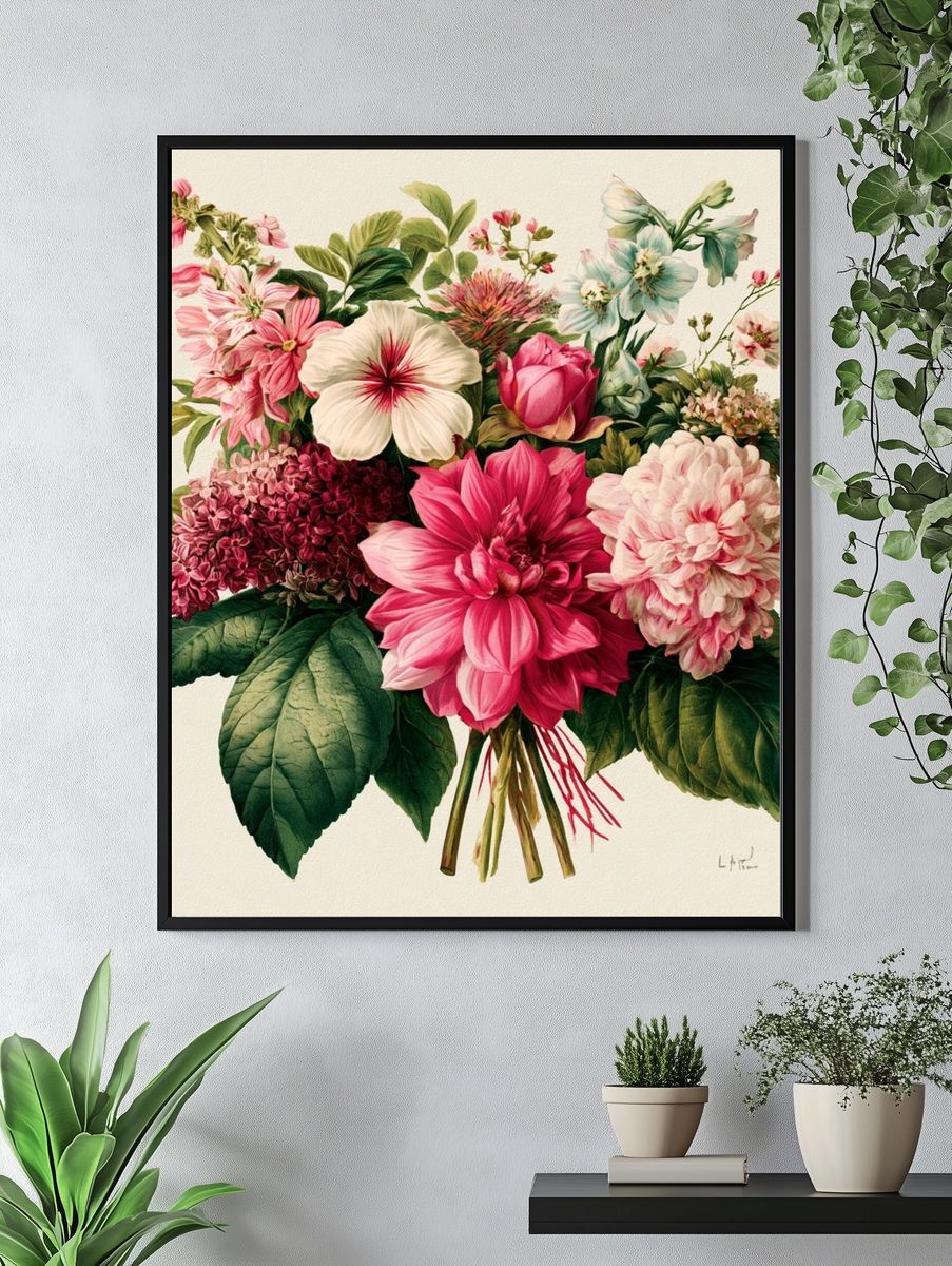 Pink Floral Bouquet Botanical Print. — room view 4