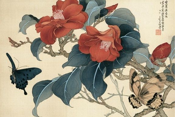 Camellia and Butterflies Botanical Print. poster — botanical art