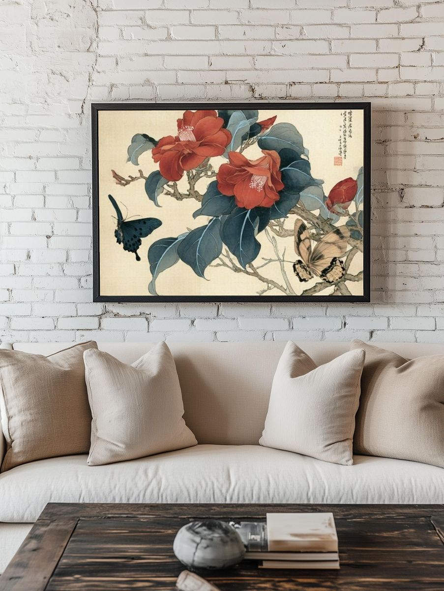 Camellia and Butterflies Botanical Print. room preview