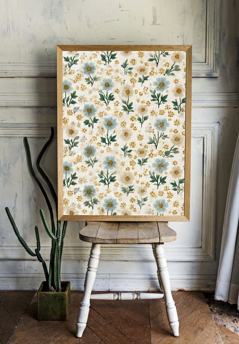 Blue Wildflower Pattern Print. — room view 1