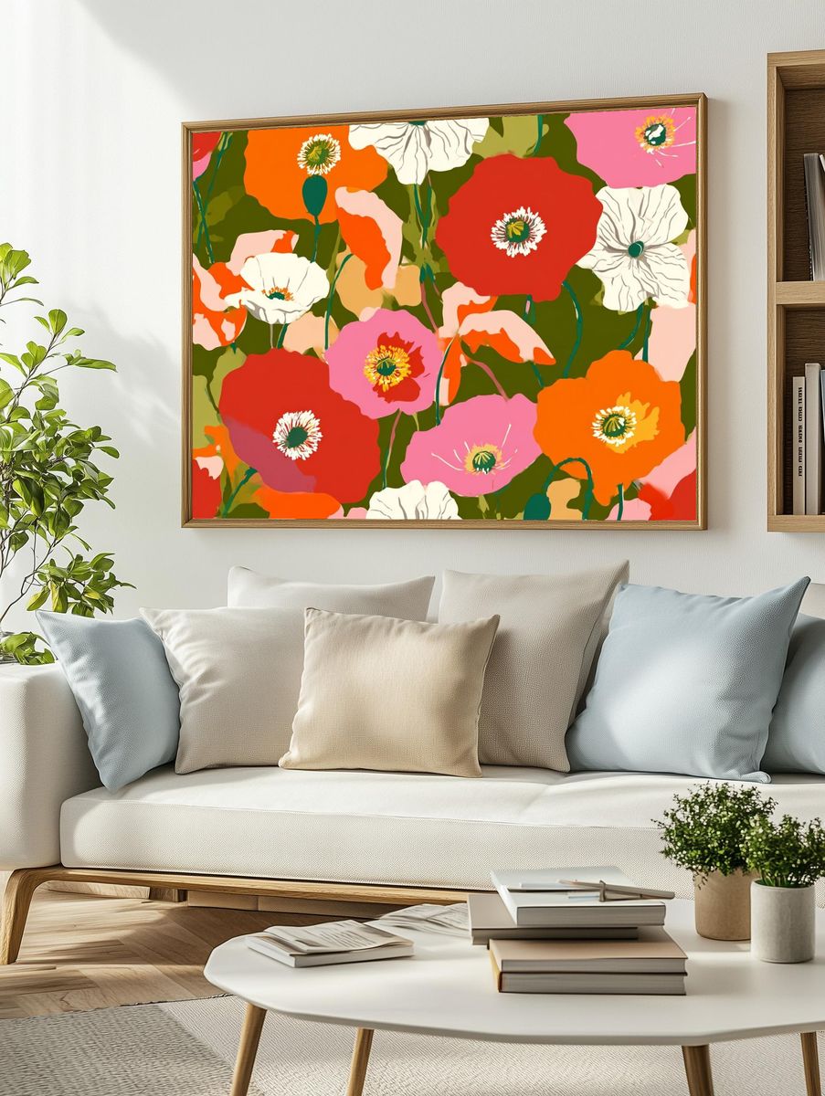 Colorful Poppy Garden Illustration Poster. — room view 2