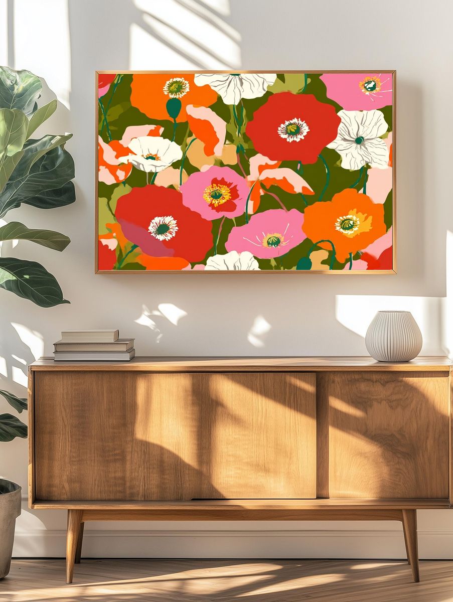 Colorful Poppy Garden Illustration Poster. — room view 3