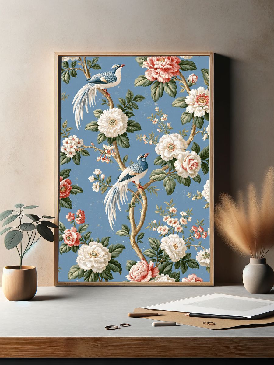 Peacock Floral Wallpaper Poster. — room view 2