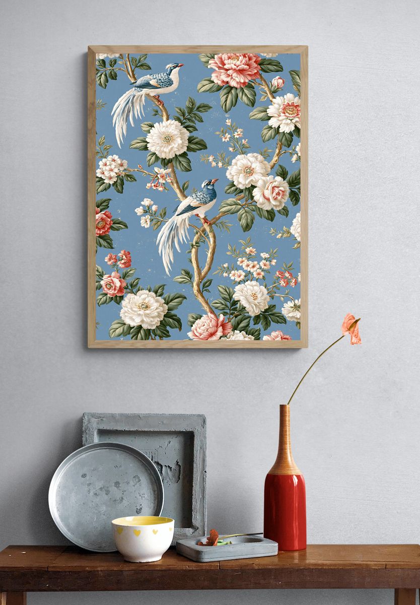 Peacock Floral Wallpaper Poster. — room view 3