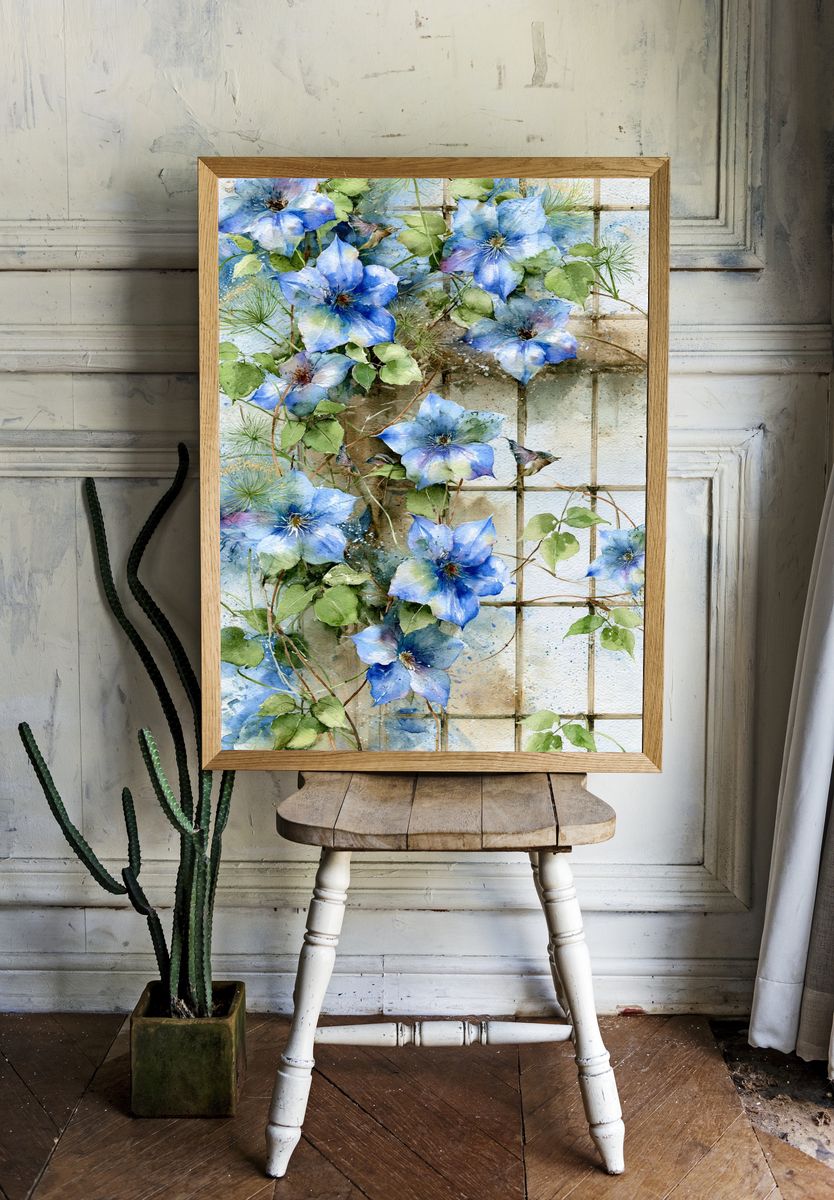 Blue Clematis Watercolor Print. — room view 1